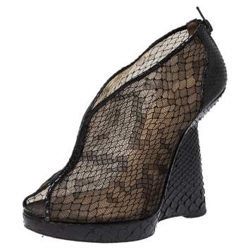 Pre Owned Christian Louboutin Black Mesh And Python Leather Janet Wedge Booties Size 36