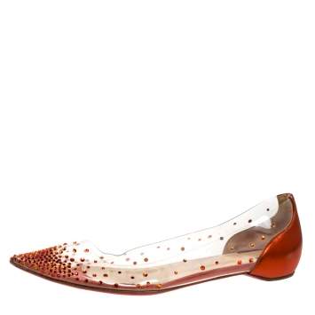 Pre Owned Christian Louboutin Metallic Orange Leather And PVC Degrastrass Pointed Toe Ballet Flats Size 38.5