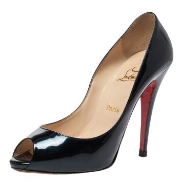 Pre Owned Christian Louboutin Dark Green Patent Leather Flo Peep Toe Pumps Size 38.5