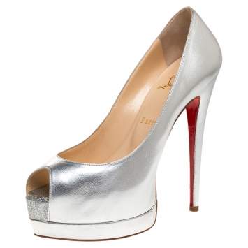 Pre Owned Christian Louboutin Silver Leather Palais Royal Peep Toe Platform Pumps Size 38
