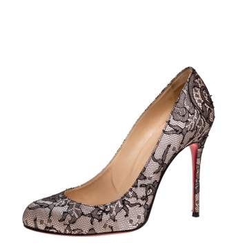 Pre Owned Christian Louboutin Black Lace Satin And Lace Fifi Round Toe Pumps Size 36