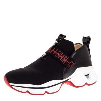 Pre Owned Christian Louboutin Black Neoprene And Leather Lipsy Run Slip On Sneakers Size 38