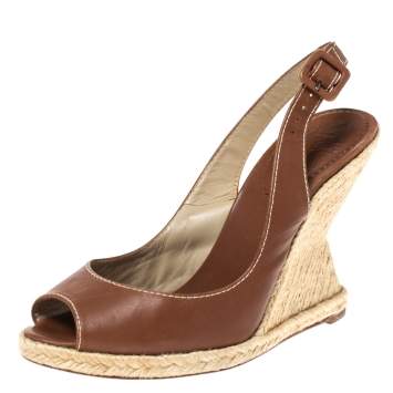 Pre Owned Christian Louboutin Brown Leather You Love Slingback Espadrille Wedge Sandals Size 39