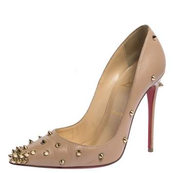 Pre Owned Christian Louboutin Beige Spike Embellished Leather Degraspike Pointed Toe Pumps Size 37.5