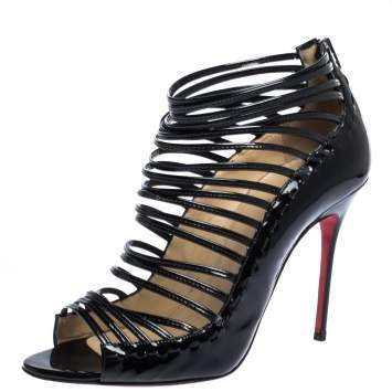 Pre Owned Christian Louboutin Black Patent Leather Caged Open Toe Sandals Size 38.5