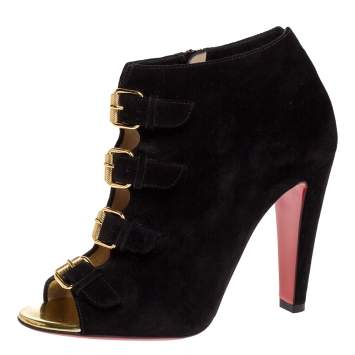 مملوكة مسبقًا Christian Louboutin Black Suede Gold Buckle Detail Open Toe Booties Size 36.5