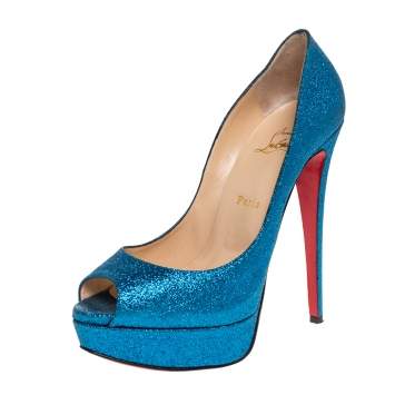Pre Owned Christian Louboutin Blue Glitter Lady Peep Toe Platform Pumps Size 39