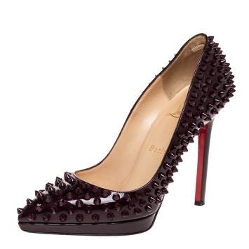 Pre Owned Christian Louboutin Burgundy Patent Leather Pigalle Plato Spikes Pumps Size 37