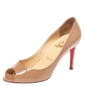 Pre Owned Christian Louboutin Beige Patent Leather Yootish Peep Toe Pumps Size 36.5