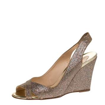 Pre Owned Christian Louboutin Gold Glitters Peep Toe Marpoil Sanzep Wedge Sandals Size 37