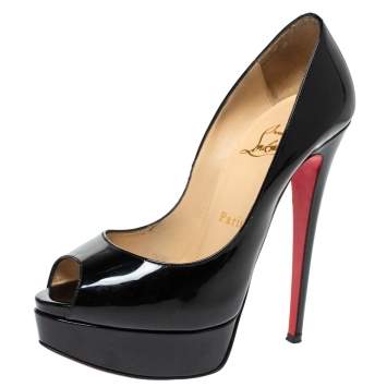 Pre Owned Christian Louboutin Black Patent Leather Lady Peep Toe Platform Pumps Size 36.5