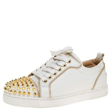Pre Owned Christian Louboutin White/Gold Leather Louis Junior Spikes Sneakers Size 35