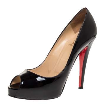 Pre Owned Christian Louboutin Black Patent Leather Very Prive Peep Toe Pumps Size 39