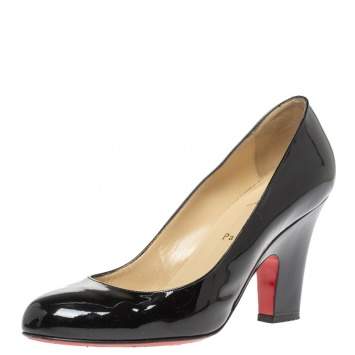 Pre Owned Christian Louboutin Black Patent Leather Block Heel Pumps Size 39.5