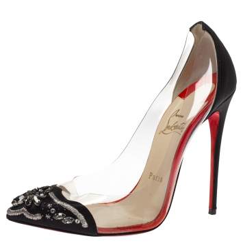 Pre Owned Christian Louboutin Black Pvc And Satin Crystal Toe 120 Pumps Size 38