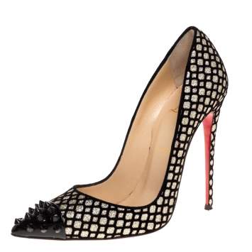 Pre Owned Christian Louboutin Floque Glitter And Patent Spike Geo Pumps Size 38