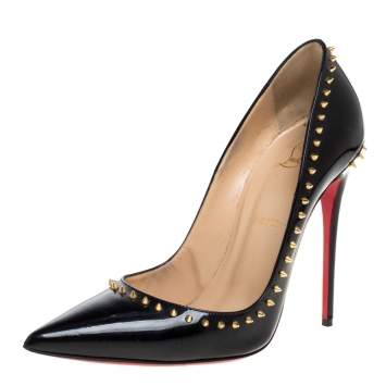 Pre Owned Christian Louboutin Black Studded Patent Leather Anjalina Pointed Toe Pumps Size 40