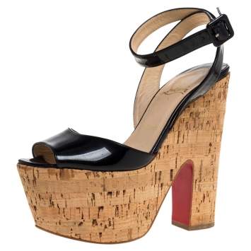 Pre Owned Christian Louboutin Black Patent Leather Super Dombasle Cork Platform Ankle Strap Sandals Size 38