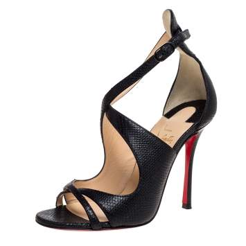 Pre Owned Christian Louboutin Black Lizard Embossed Leather Malefissima Ankle Strap Sandals Size 36.5