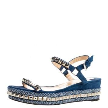 Pre Owned Christian Louboutin Blue Suede Pyraclou Studded Ankle Strap Platform Sandals Size 40