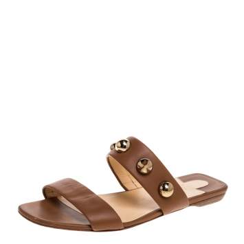مملوكة مسبقًا Christian Louboutin Brown Leather Simple Bille Flat Sandals Size 38.5
