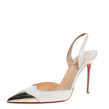 Pre Owned Christian Louboutin White Leather Calamijane Metal Cap Toe Slingback Sandals Size 40
