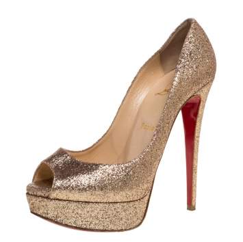 Pre Owned Christian Louboutin Gold Glitter Lady Peep Toe Platform Pumps Size 38.5