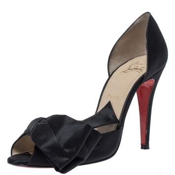 Pre Owned Christian Louboutin Black Satin Bow T Dorcet Peep Toe Pumps Size 39