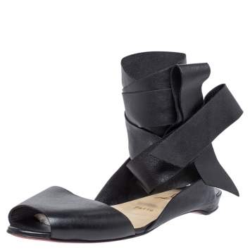 Pre Owned Christian Louboutin Black Leather Du Desert Wrap Up Flat Sandals Size 39.5