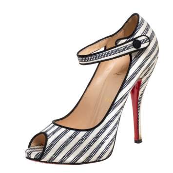 Pre Owned Christian Louboutin White/Black Satin Peep Toe Mary Jane Pumps Size 38