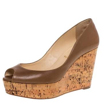 Pre Owned Christian Louboutin Brown Leather Coroclic Cork Wedge Peep Toe Platform Pumps Size 36