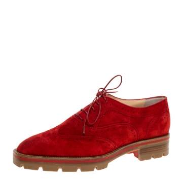 Pre Owned Christian Louboutin Red Brogue Suede Leather Charletta Oxfords Size 38.5