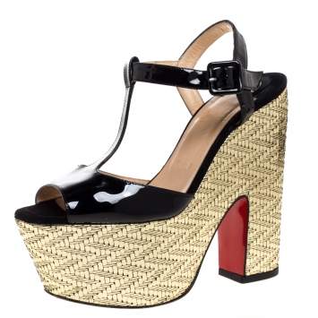 Pre Owned Christian Louboutin Black Patent And Metallic Gold Wedge 'So Bella' T-Bar Open Toe Sandals Size 38