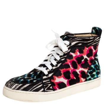 Pre Owned Christian Louboutin Multicolor Leopard Print Calf Hair Rantus Orlato High Top Sneakers Size 38