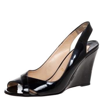 Pre Owned Christian Louboutin Black Patent Leather Peep Toe Marpoil Sanzep Wedge Sandals Size 39