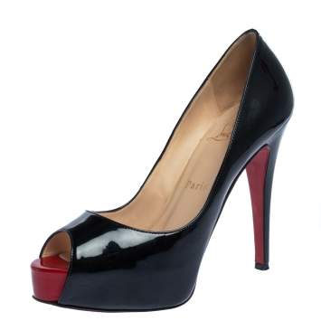 Pre Owned Christian Louboutin Black Patent Leather Hyper Prive Peep Toe Platform Pumps Size 36.5