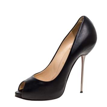 Pre Owned Christian Louboutin Black Leather Peep Toe Platform Pumps Size 39
