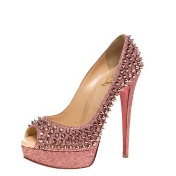 Pre Owned Christian Louboutin Pink Glitter Fabric Lady Peep Spike Platform Pumps Size 37.5 