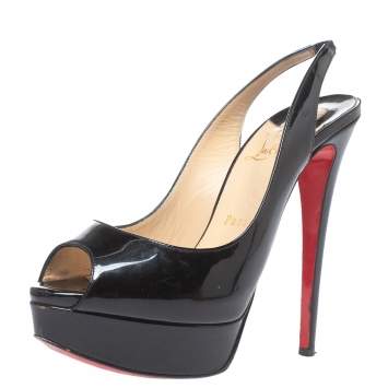 Pre Owned Christian Louboutin Black Patent Leather Lady Peep Toe Slingback Platform Sandals Size 37.5
