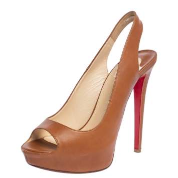 Pre Owned Christian Louboutin Brown Leather Lady Peep Toe Platform Slingback Sandals Size 39