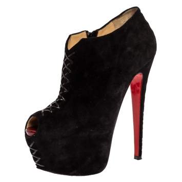Pre Owned Christian Louboutin Black Suede Recouzetta Peep Toe Platform Ankle Boots Size 39.5