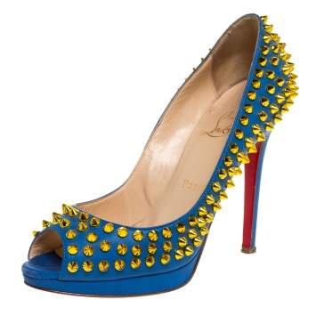 Pre Owned Christian Louboutin Blue Leather Yolanda Spikes Peep Toe Pumps Size 36.5