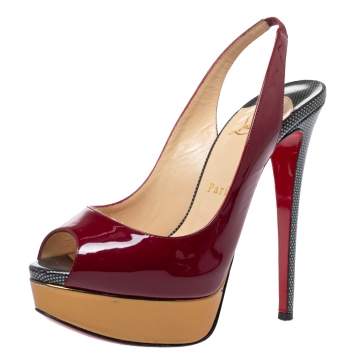 Pre Owned Christian Louboutin Tricolor Patent Leather Lady Peep Toe Platform Slingback Sandals Size 37