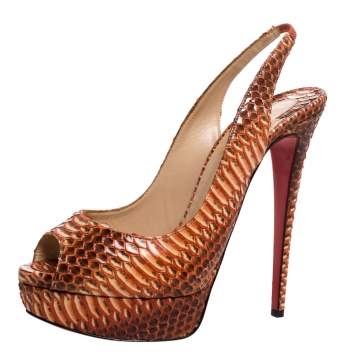 Pre Owned Christian Louboutin Orange Python Leather Slingback Lady Peep Toe Platform Sandals Size 39