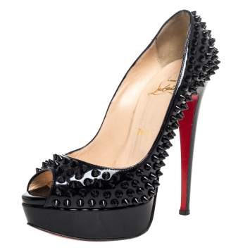 Pre Owned Christian Louboutin Black Patent Lady Peep Toe Spike Platform Pumps Size 36.5