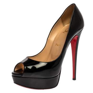 Pre Owned Christian Louboutin Black Patent Leather Lady Peep Toe Platform Pumps Size 38.5