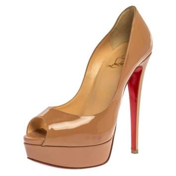 Pre Owned Christian Louboutin Beige Patent Leather New Prive Peep Toe Platform Pumps Size 36