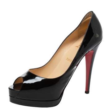 Pre Owned Christian Louboutin Black Patent Leather Palais Royal Peep Toe Platform Pumps Size 41.5