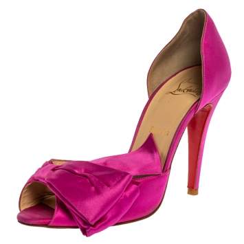 Pre Owned Christian Louboutin Fuchsia Satin Bow T Dorcet Peep Toe Pumps Size 38.5