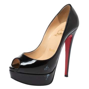 Pre Owned Christian Louboutin Black Patent Leather Lady Peep Toe Platform Pumps Size 35